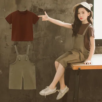 

Girls 2019 Summer Short Sleeve T-shirt Bib Solid Color Two-Piece Set