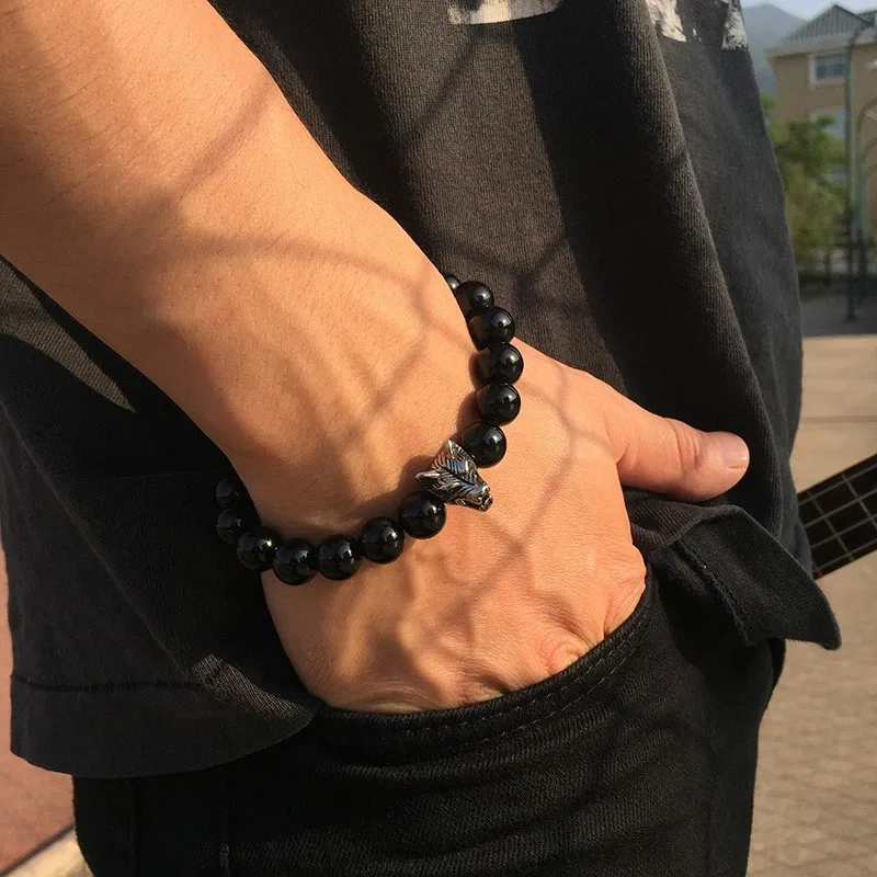 

Carnelian Beaded Bracelet For Men Ancient Silver Wolf Head With Tiger Eye Stone Accessories Male Bangle Hot Dropshipping