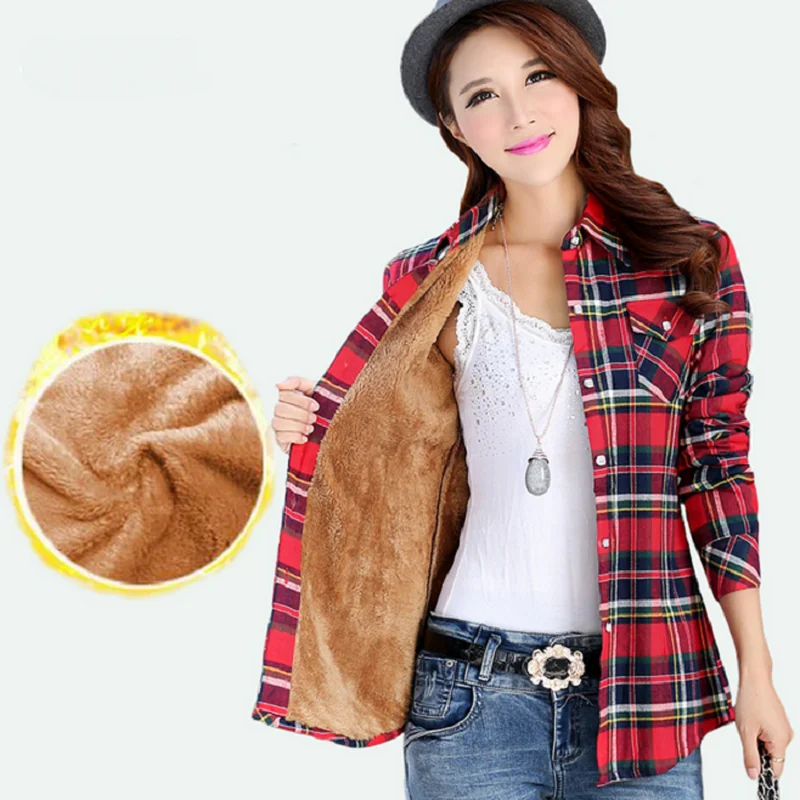 

Winter Velvet Thick Keep Warm Plaid Blouse Female Long Sleeve Tops Women 2018 Casual Checked Blouse Thick Cotton Flannel Shirts