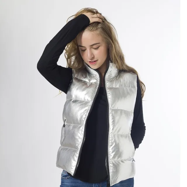 Female Laser Metallic Silver color vest Women Luxury shiny Windbreaker