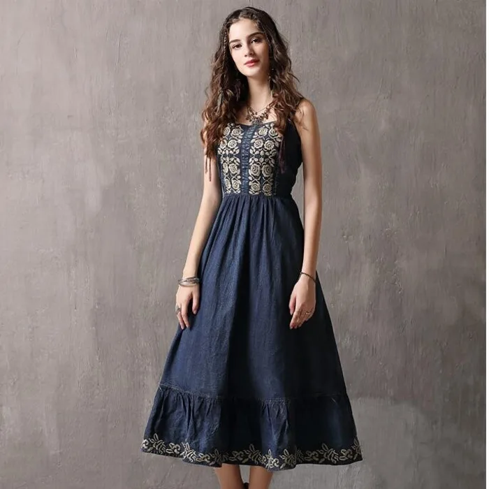 

#2424 Summer Embroidery Vintage Spaghetti Strap Denim Dresses Women Off Shoulder Ruffle High Waist Jeans Dress Fit And Flare