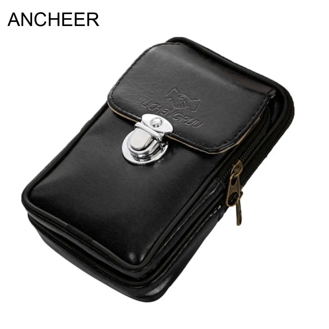 

None Casual Card Zipper Phone Button Solid Men Business Belt Bag Waist Zipper Multi-function Square Layers Double Bag