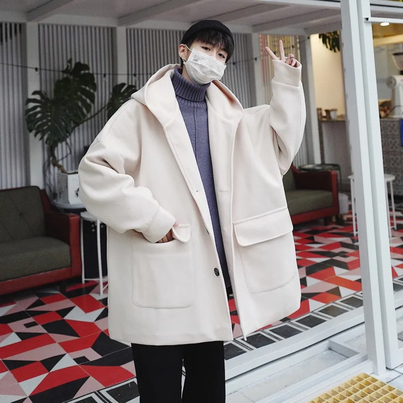 

Men's Fashion New Autumn And Winter Woolen Coat M-XL Youth Solid Color Wild Temperament Loose Simple Hooded Personality