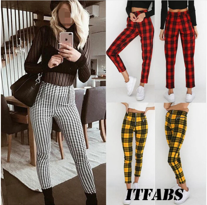 

2019 Ladies Plaid High Waist Pant Women Skinny Jeans Zipper Trousers Lady Fashion Denim Stretchy Pencil Pants Plus Size S-2XL
