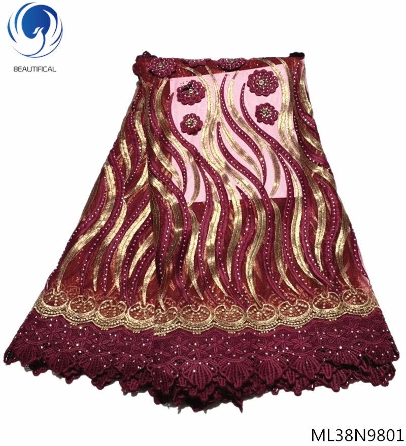 

Beautifical french net lace fabrics with rhinestones 2019 new design tulle net lace fabrics for women dress 5yards/lot ML38N98