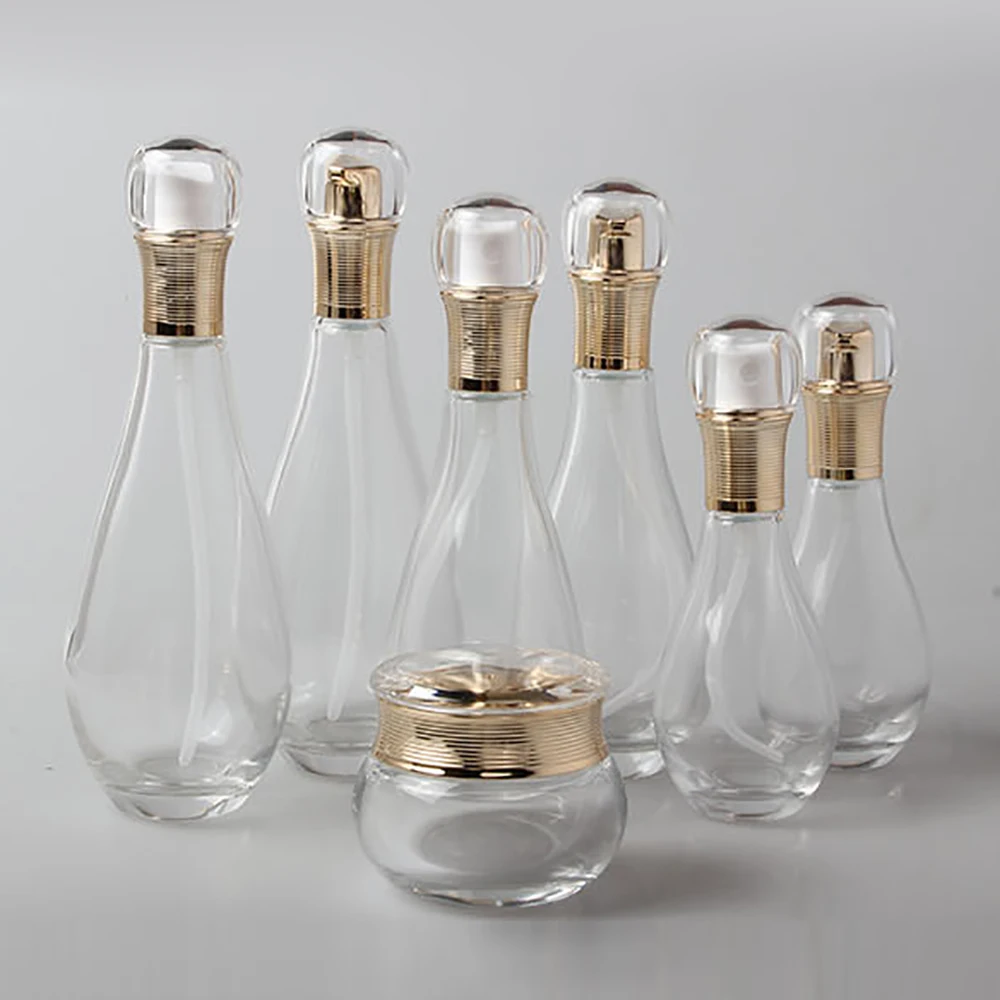 Ясно фундамент бутылка насос стеклянная бутылочка для лосьона 150 мл, тумана насоса Бутылка с золотом крышками