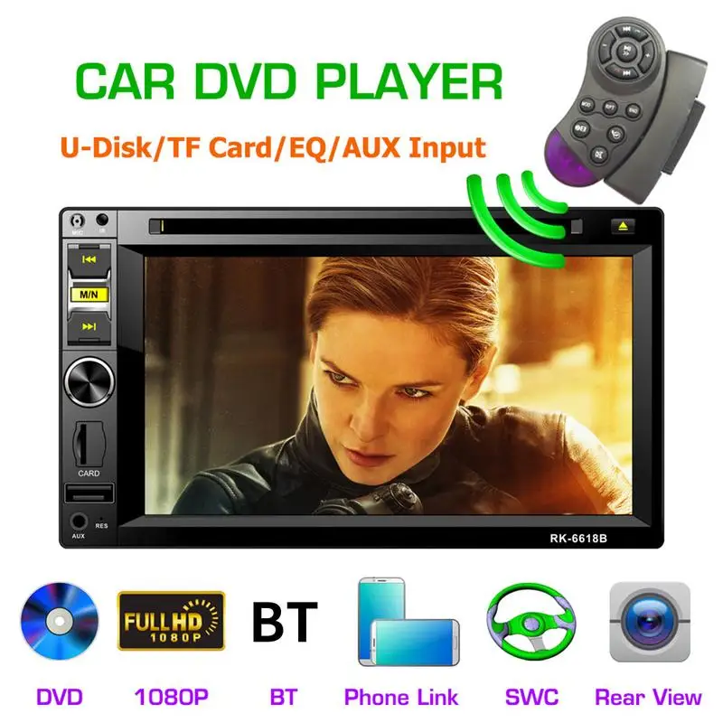 

DC12V HD1080P 6.2 Inch 2DIN Car Multimedia CD DVD Player FM Radio Bluetooth Hands-free Calls USB AUX Steering Wheel Control