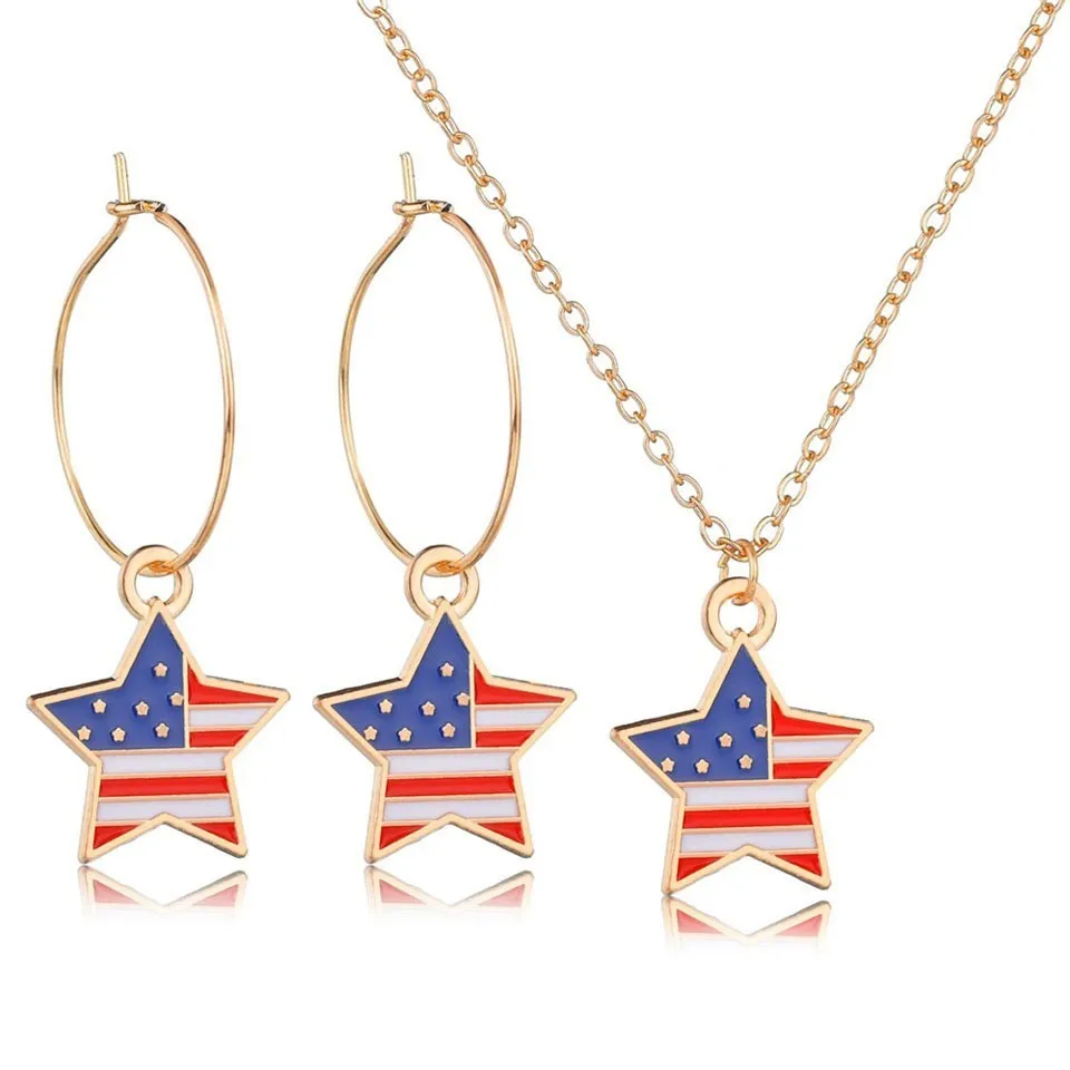 

Women New Trendy Earrings&Necklace Sets Fashion USA Flag Star Shape Design Female Jewelry Women Wedding Jewelry Gold Chain