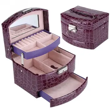 

Portable Jewelry Box Storage Multi-Layer Organizer Case Ring Earring Necklace Mirror Purple