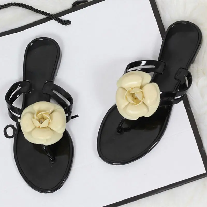 

NIS Summer Jelly Shoes Woman Flip Flops Beach Slippers Camellia Flower Clip Toes Slippers Ladies Waterproof Casual Flat Shoes