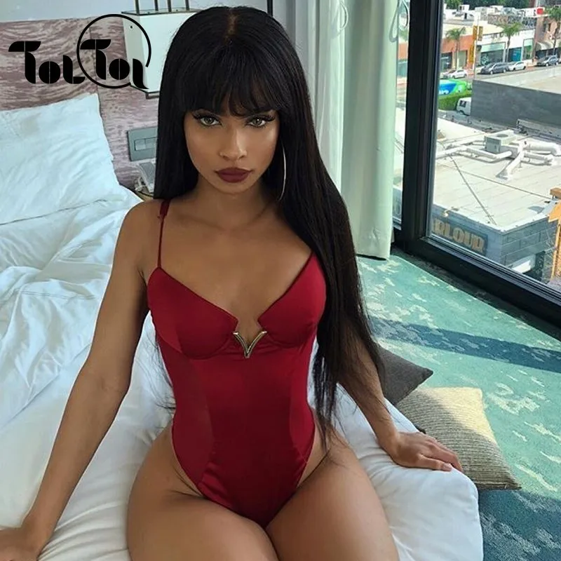 

Sexy Spaghetti Strap Mesh Satin Bodysuit Women Stripe Patchwork Jumpsuit Transparent 2019 New Catsuit Red Black Bodysuits