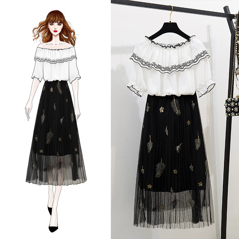 

new Korean fashion women casual blouse top & long feather embroidery skirts two-piece clothing set vestidos girl outfit