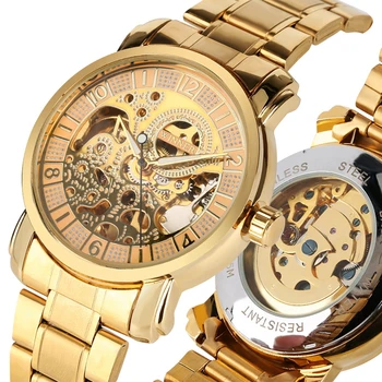 

T-WINNER Watch Men Skeleton Automatic Mechanical Watch Gold Stainless Steel Man Clocks Watch Top Brand Luxury Relogio Masculino