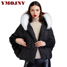 YMOJNV Новое модное женское зимнее пальто с рукавами летучая мышь с воротником из меха лисы енота с капюшоном, зимняя одежда, теплый утепленный пуховик