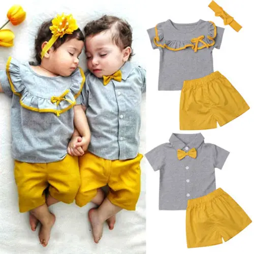 Toddler Baby Girls Boys Twins Clothes Kid Brother and Sister Matching Outfits Short Sleeve Tops Shorts Pant Outfit Set