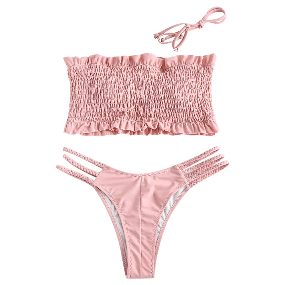 

Shirred Ruffles Braided Bandeau Bikini Set