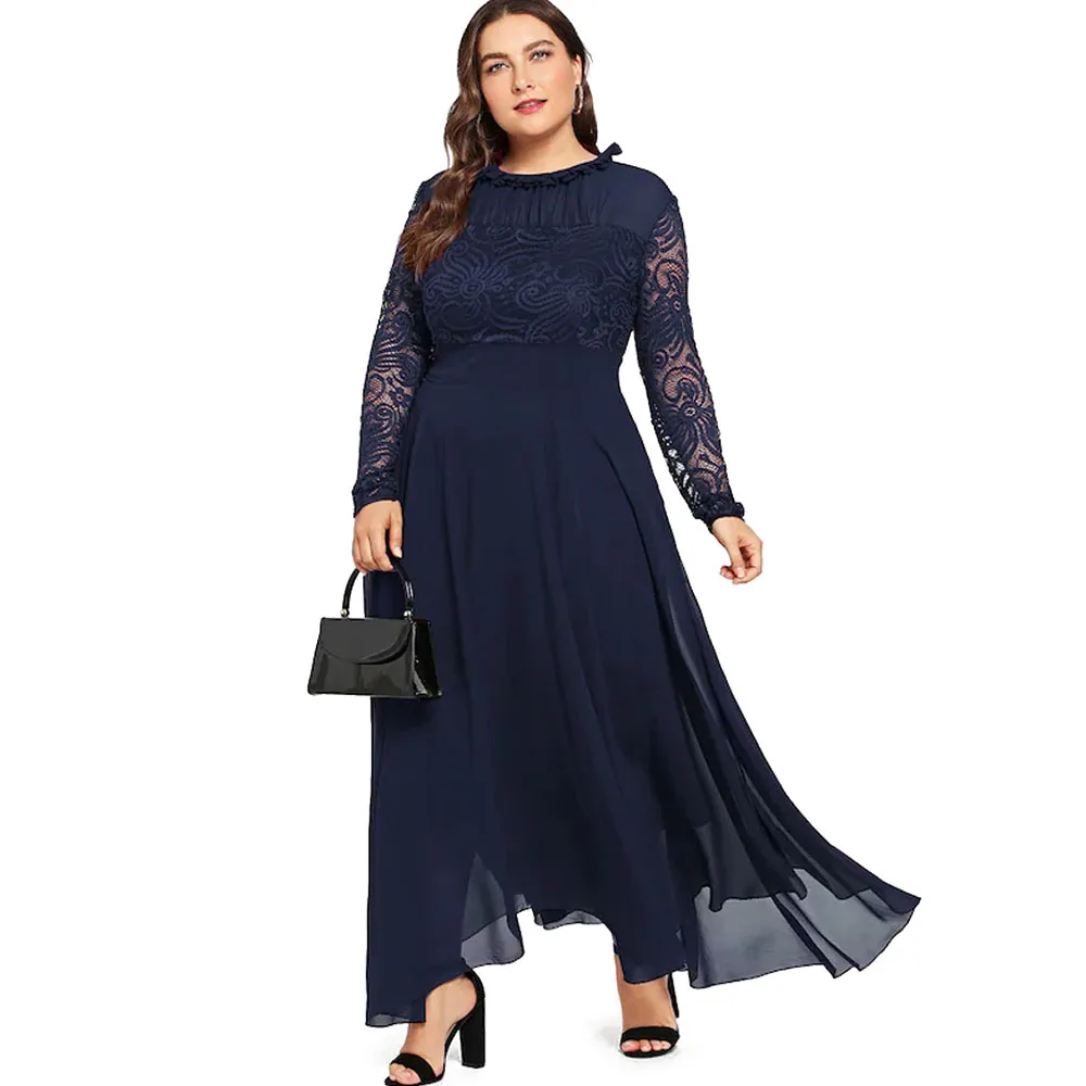 Plus Size Lace Chiffon Women Dress Long Sleeve A Line Party Dress