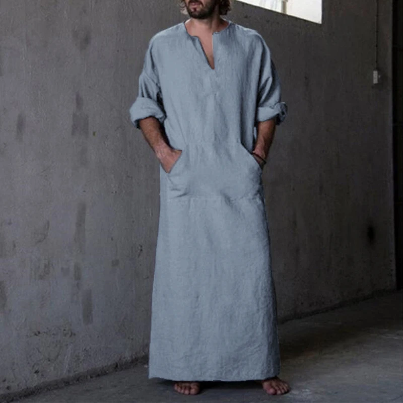 

Muslim Men's Shirts Kurta Dress Robe Long Sleeve Bathrobe Lounge V-Neck Big Pockets Islamic Arab Kaftan Hombre Vacation Bathrobe