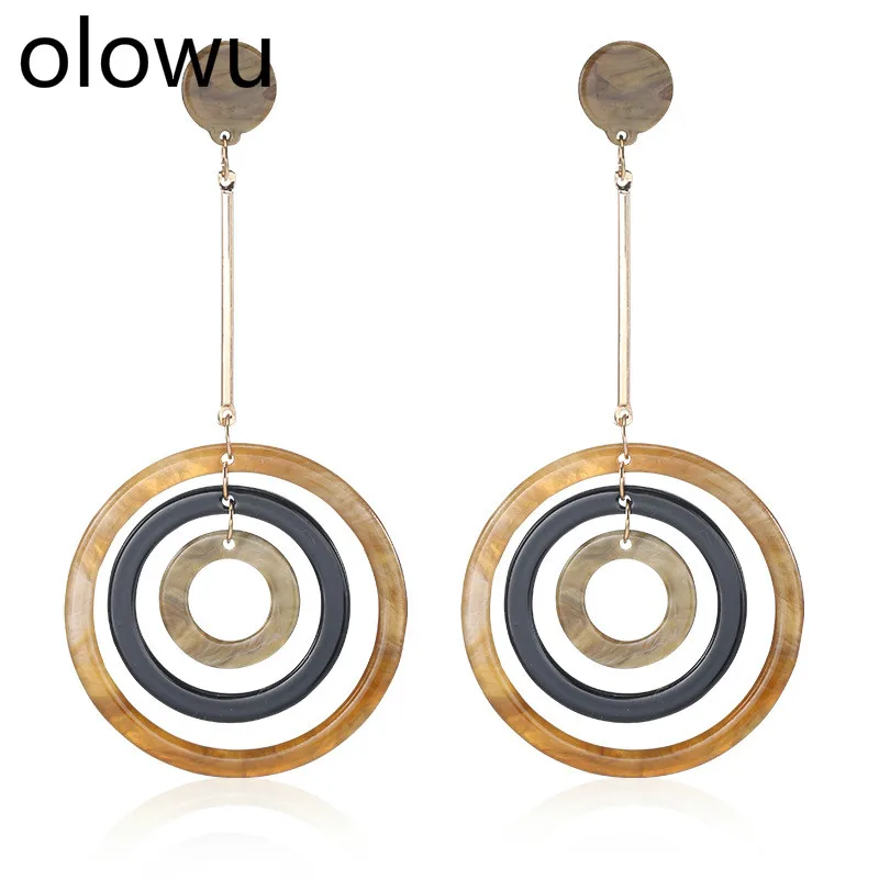 

olowu New Personality Bohemian Long Big Circle Drop Earrings Brincos Light Brown Color Acrylic Boho Geometry Dangle Earring