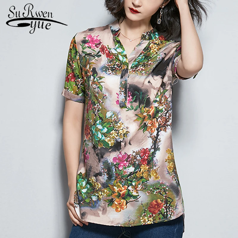 Модные более размеры печати шифоновая блузка женские рубашки-топы и блузки для малышек короткий рукав летние топы корректирующие офисные блузка, рубашки женские 2908 50