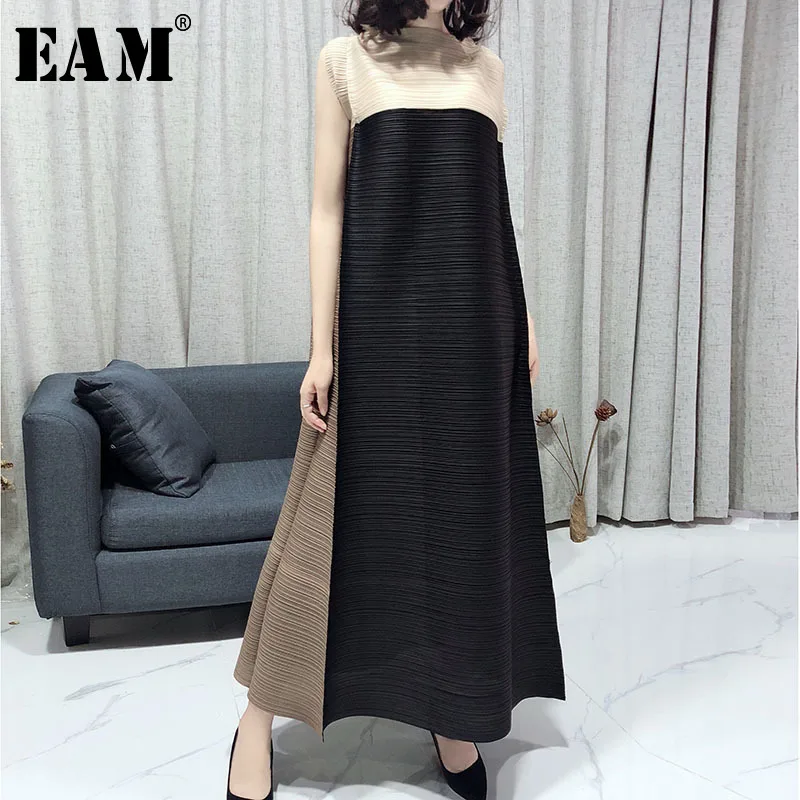 

[EAM] 2019 New Spring Summer Round Neck Sleeveless Hit Color Pleated High Elastic Temperamnt Long Dress Women Fashion Tide JS451