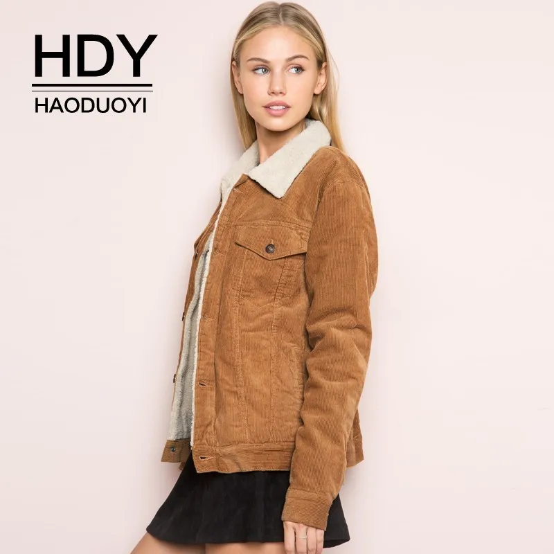 HDY Haoduoyi Winter Jacket Women Long Sleeve Turn-down Collar Corduroy Coat Women Single Breasted A