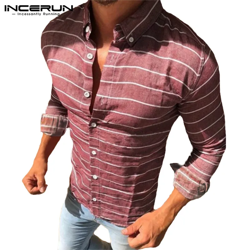 INCERUN Весна для мужчин рубашка в полоску с длинным рукавом лацканами средства ухода за кожей Шеи повседневное футболки Slim Fit уличная мод