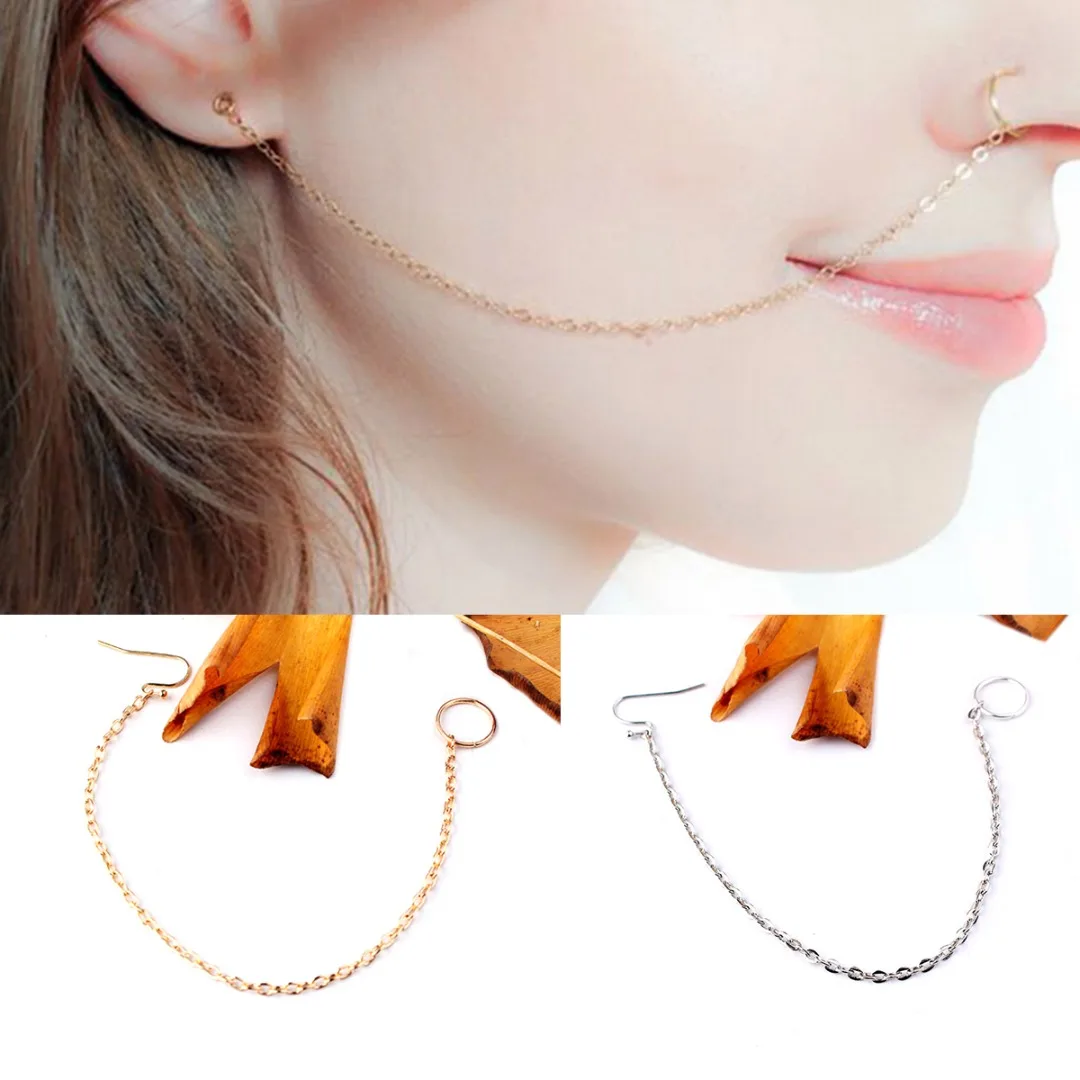 

Punk Ethnic Silver Gold Copper Clip On Nose Lip Ear Chain For Women Girl Shellhard Nose Ring Stud Body Piercing Indian Jewelry