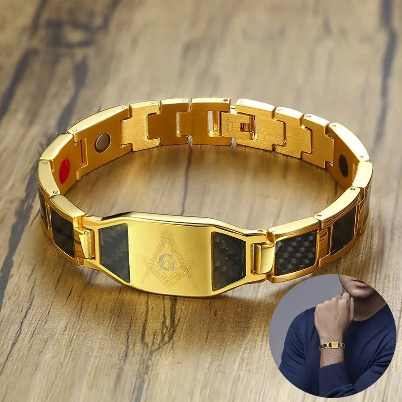 

Gents Masonic Magnetic Gold Tone Stainless Steel Bracelet with Carbon Fiber Inlay Stylish Decorate Men Jewelry Accessories