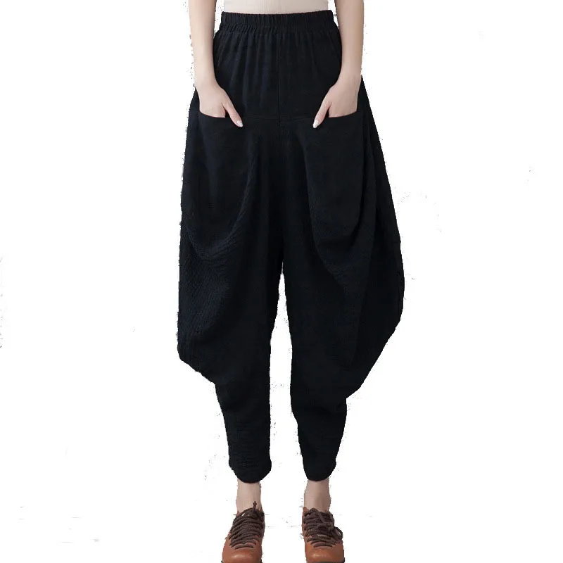

Original design summer elastic waist national wind cotton and linen blended solid trousers wide leg pants women 1602