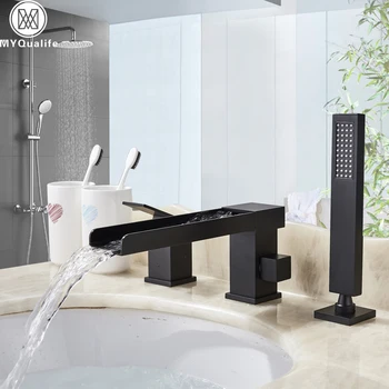 

Matte Black Waterfall Bathtub Faucet One Handle Deck Mounted Long Spout Tub Mixer Tap Pull Out Handshower Widespread Bathtub Tap