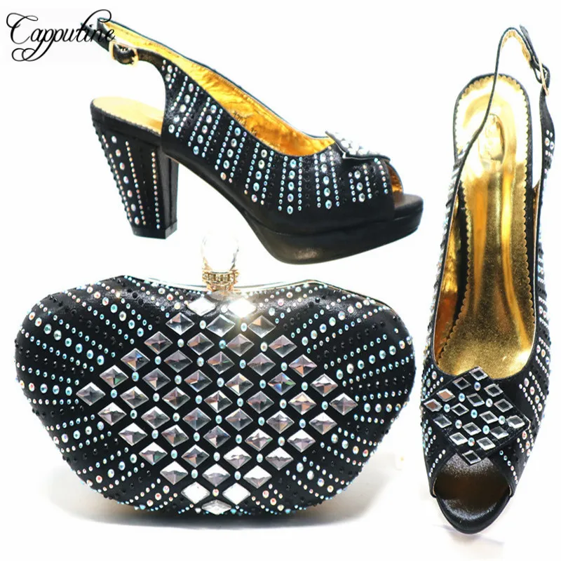 

Wholesale Price African Style Black Color Ladies Shoes And Bag Set Most Popular High Heels Shoes And Bag Set For Party G68