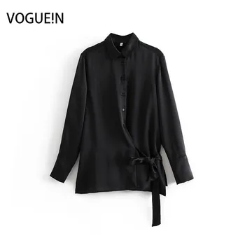 

VOGUEIN New Womens Casual Black Tie Up Long Sleeve Asymmetrical Shirt Top Blouse Wholesale