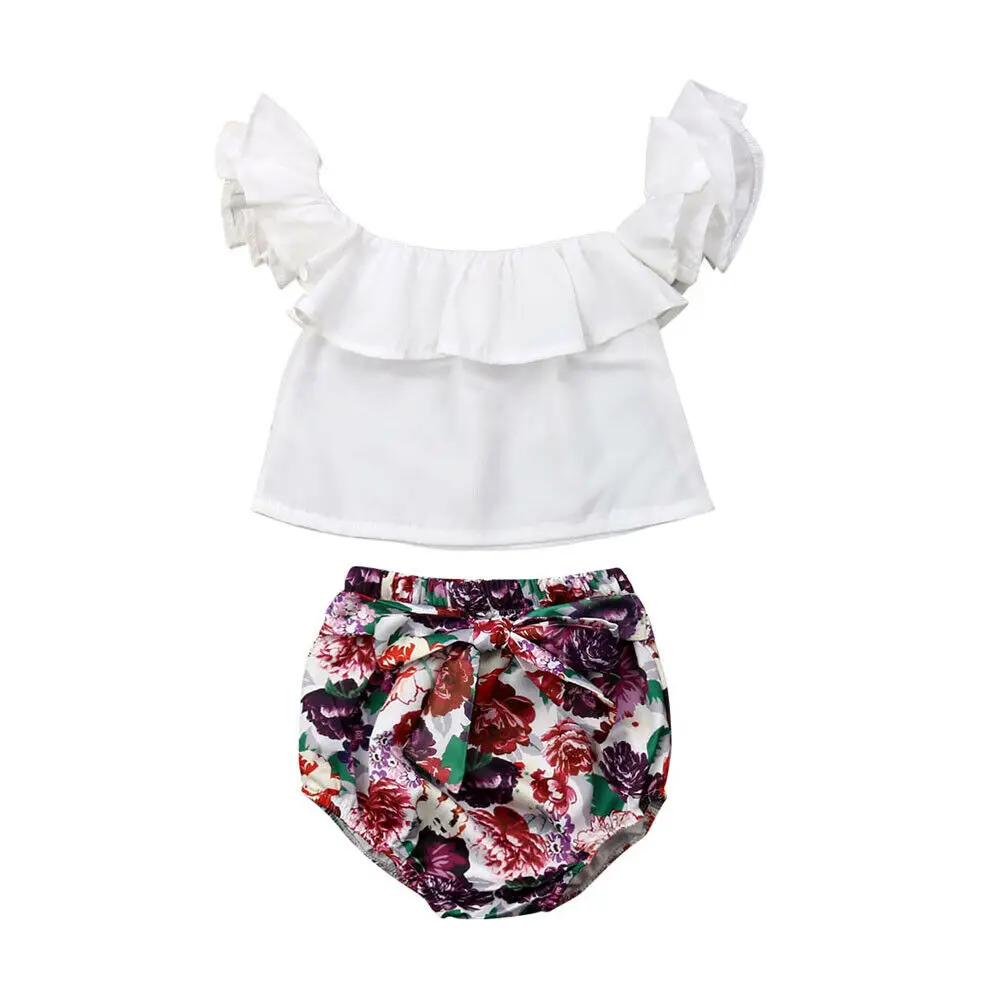 

0-24M Lovely Newborn Baby Girl Off shoulder White Blouse Tops Floral Bowknot Shorts Baby Bloomers 2PCS Outfits Summer Clothes