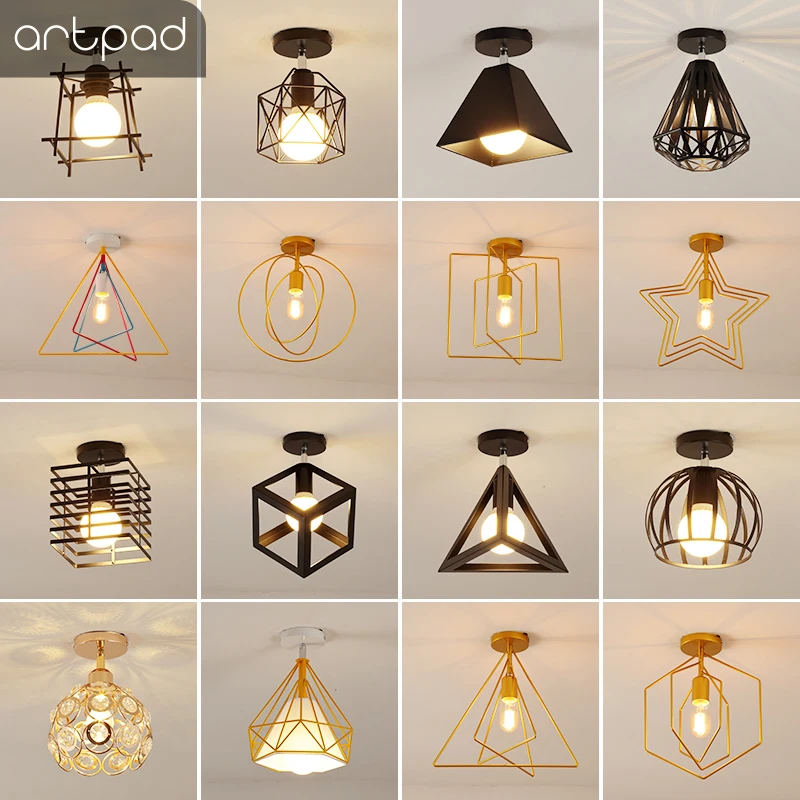 Artpad Vintage Ceiling Lights Black White Golden Loft Led Ceiling Lamp Geometric Shape Iron Cage Living Room Bedroom Home Led