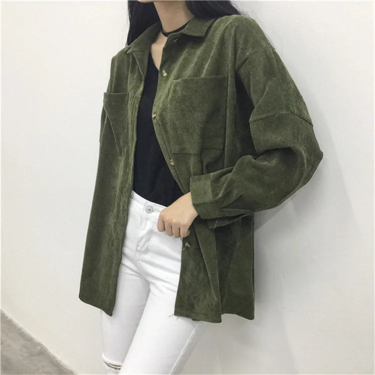 

Self-retaining Corduroy Shirt Female 2019 Spring And Autumn New Thin Lapel Patch Pocket Loose Solid Color Shirt Jacket Coat