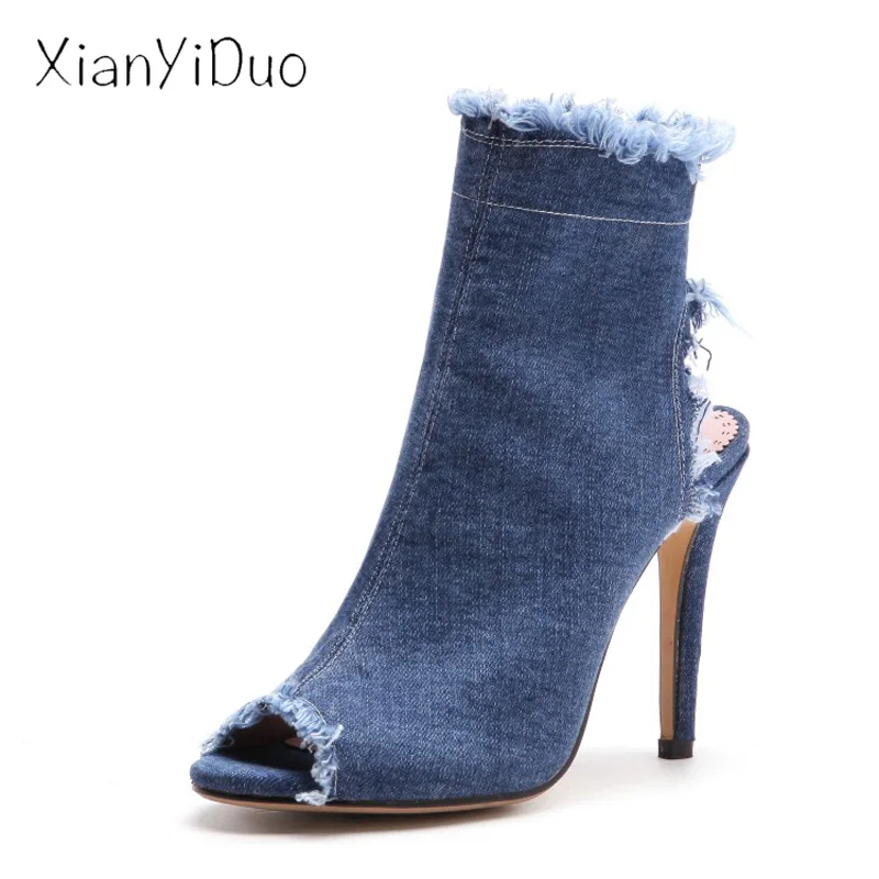 

xianyiduo 2019 new Summer boots womens shoes Fretwork Denim Peep Toe super high heels thin blue sandals zipper big size 40-43 /