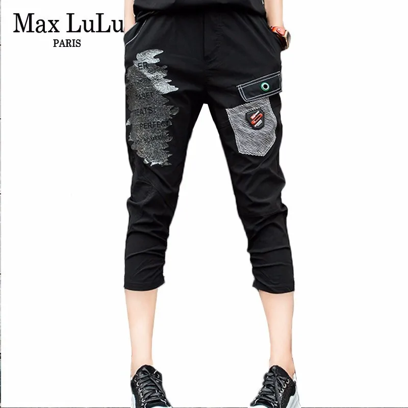 

Max LuLu 2019 Summer Luxury Korean Style Ladies Streetwear Women Printed Black Jeans Elastic Female Casual Harem Pants Plus Size