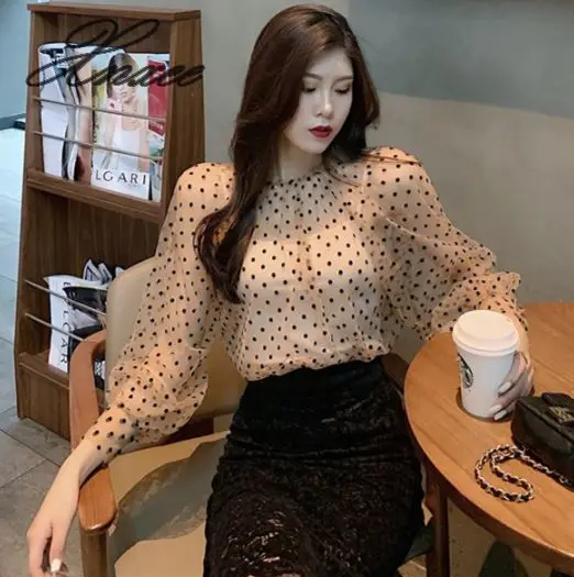 

Women Embroidery Lace Flower Lantern Sleeve Pullover Polka Dot Voile Basic Shirt New Autumn Winter O-neck Mesh Gauze Blouse Tops