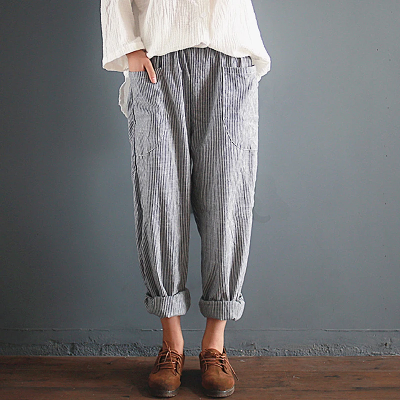 Women Elastic Waist Striped Pockets Loose Cotton Linen Long Harem Pants Casual Overalls Trousers 