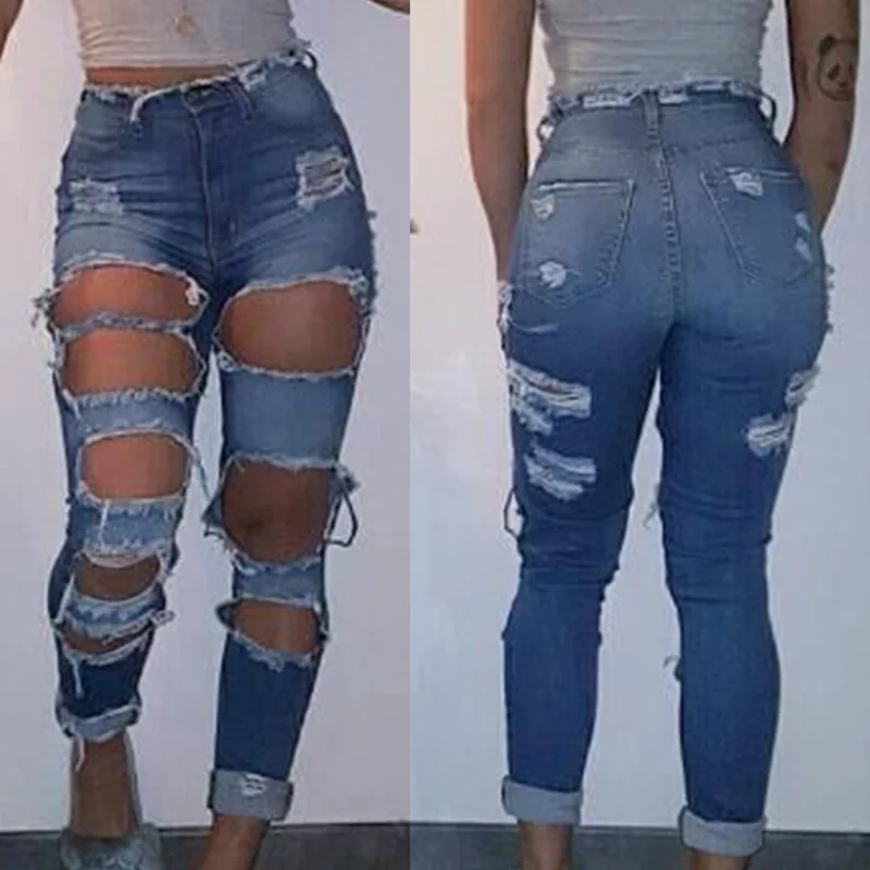 Summer style ripped jeans Women Grinding big hole High Waist Denim