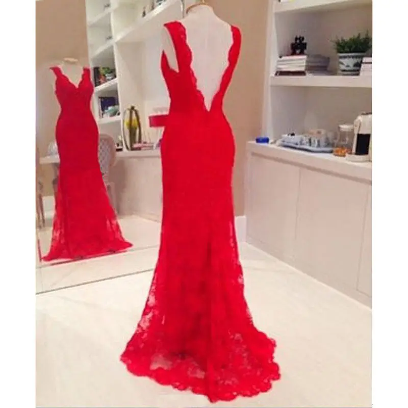 

Hot Sale Women's lace Sexy V-neck Sleeveless Cocktail Long Party Dress clubwear Formal Sheath Trumpet Long Dress