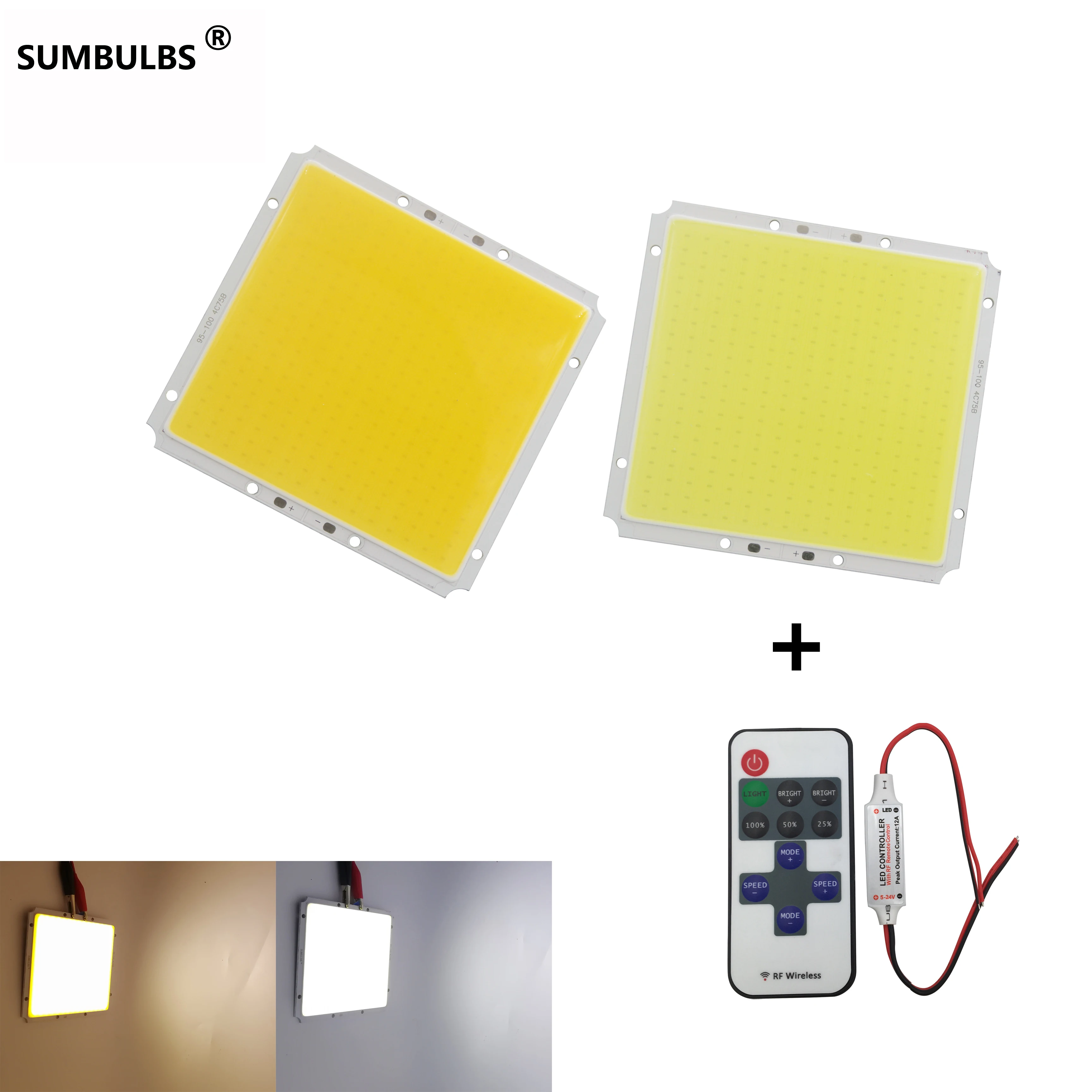 Dimmable 100x95MM Square Ultra Bright 50W COB LED Panel Light Lamp Warm Cold White DC 12V Matrix Bulb with RF Remote Controller