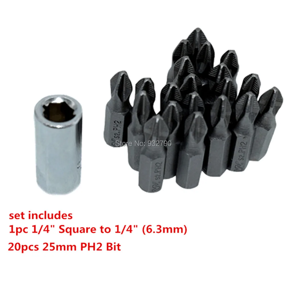 Отвертка Phillips Pozi Pozidrive 20 шт. 25 мм бит PH2/PZ1/PZ2/PZ3 + 1/4 &quotКвадратный привод на 1/4&quot