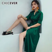 CHICEVER Летние шифоновые платья для женщин с лацканами Половина рукава Высокая талия бандаж подол Сплит элегантное платье Женская мода Новинка