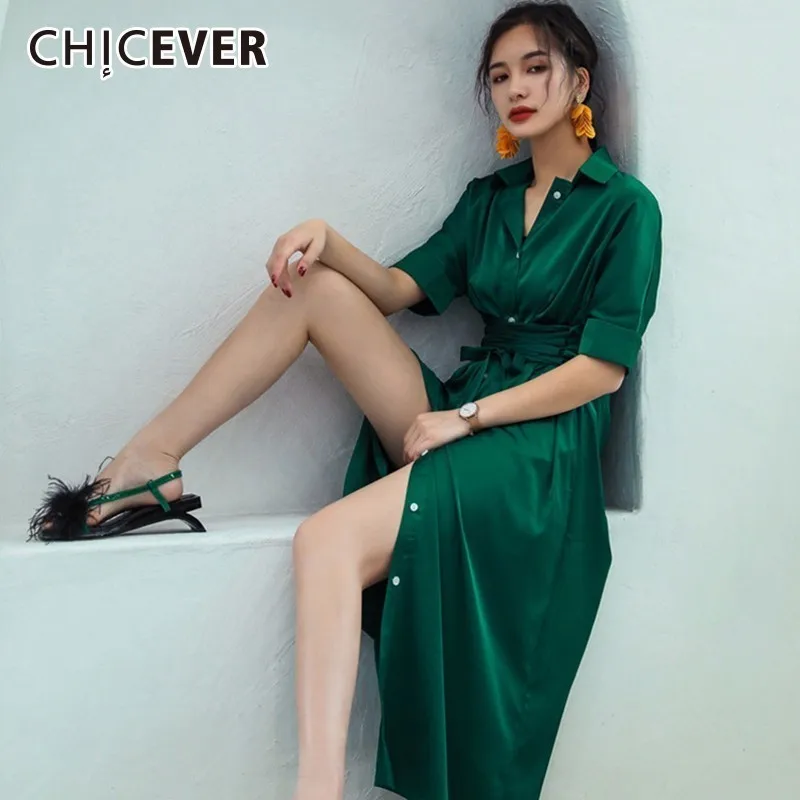 CHICEVER летнее шифоновое платье для женщин с отворотом и коротким рукавом высокая