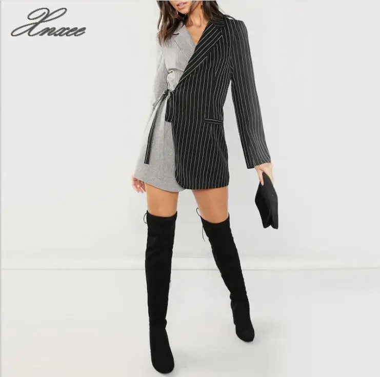 Autumn Women Blazers And Jackets Colorblock Tie Waist Surplice Wrap Womens Blazer Notched Outerwear Ladies Long Coat