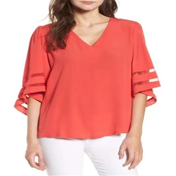 

Women Casual Loose V Neck solid Chiffon Blouse shirt