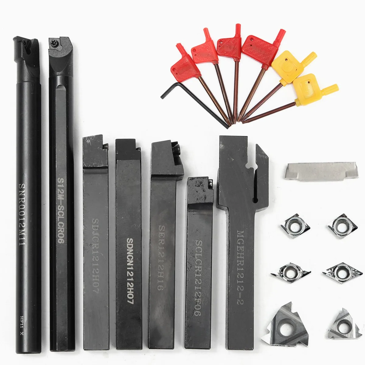

7PCS 12mm Shank Lathe Turning Tool Holder Boring Bar+ 7pcs DCMT CCMT Carbide Cutting Inserts + 7pcs Wrenches