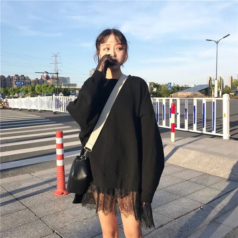 

2018 Autumn Women Loose Casual Hoodies Long Sleeve Lace Patchwork Sweatshirt Solid O Neck Pullover Tops Mujer